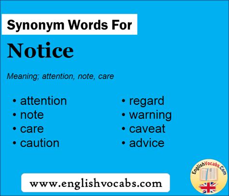NOTICE - Sinnimos, palabras relacionadas y ejemplos Diccionario Cambridge de Sinnimos y Antnimos en Ingls. . Notice synonym